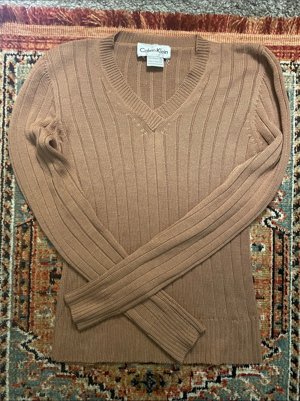Calvin Klein Women's V-Neck Ribbed Sweater - Camel